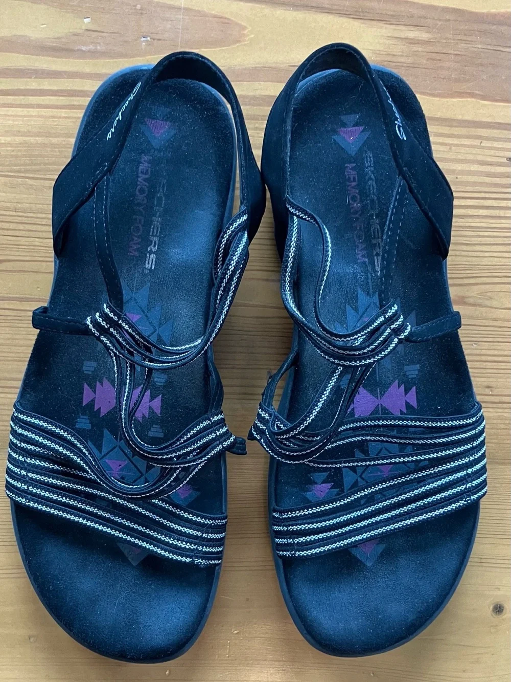 Skechers Black Strappy Memory Foam Sandals with Subtle Purple Accent